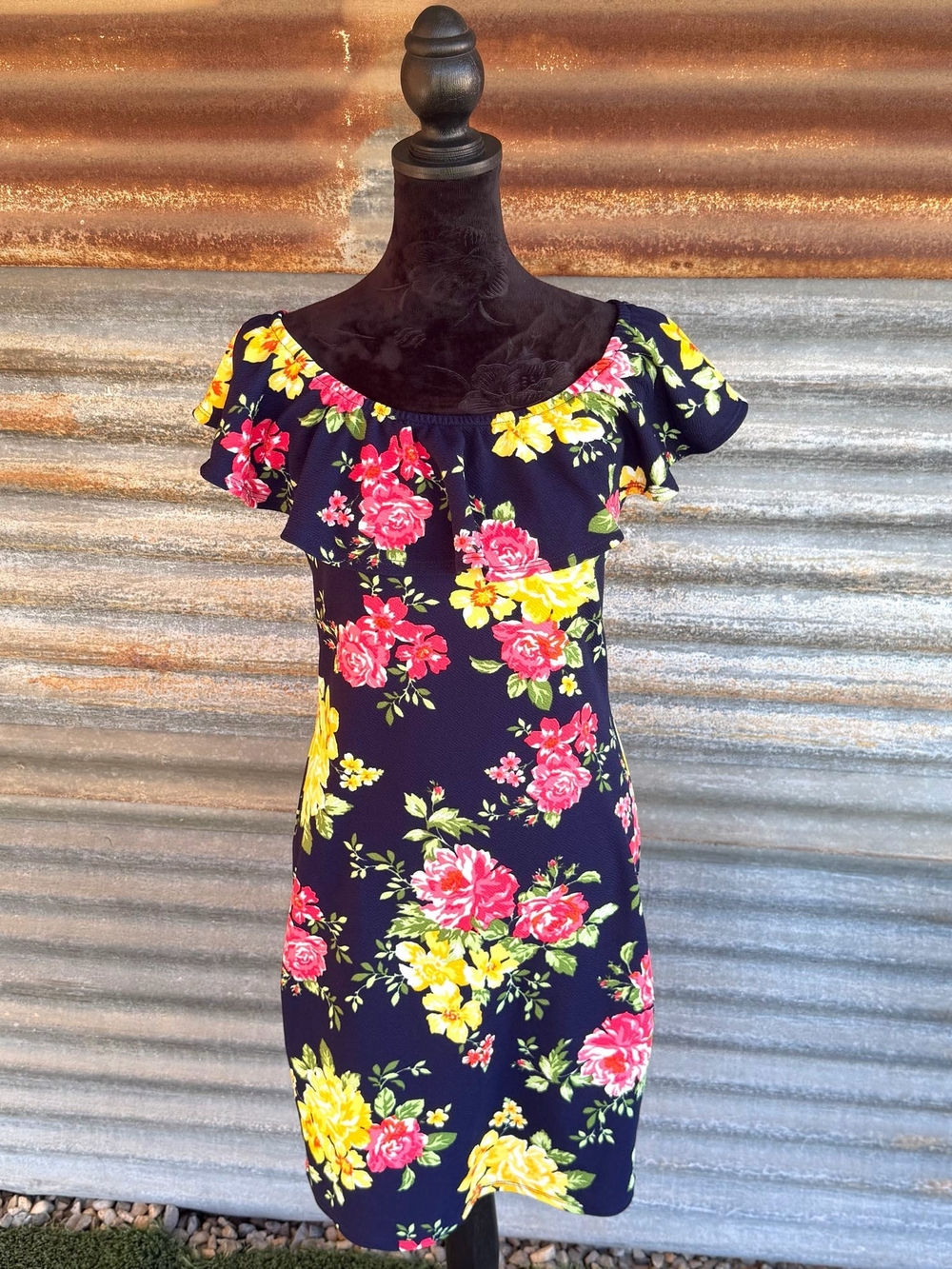 Off-Shoulder Navy Floral Mini Dress with Pink & Yellow Blooms